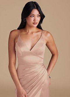 Azazie Shania Bridesmaid Dresses English Rose Sheath Pleated Metallic Satin Dress image3