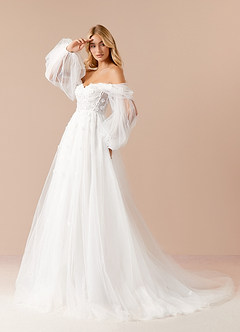 Azazie Airellie Wedding Dresses Diamond White A-Line Off the Shoulder Tulle Dress image4