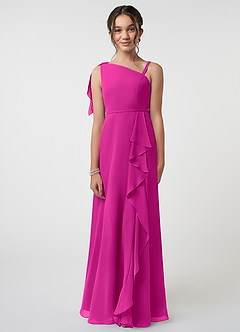 Azazie Aidy Junior Fuchsia A-Line Bow Chiffon Dress image1