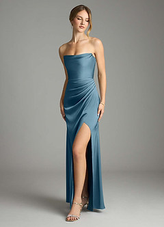 Azazie Leonis 신부 들러리 드레스 인어 주름진 스트레치 새틴 바닥 길이 드레스 image1