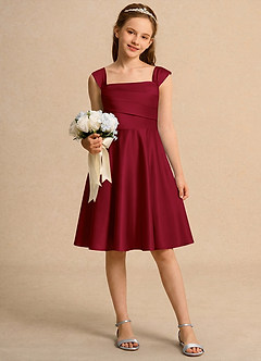Azazie Budle Girls Formal Flower Girl Dresses Burgundy A-Line Pleated Matte Satin Dress image1
