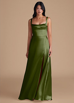 Azazie Hope Bridesmaid Dresses Olive A-Line with Pockets Metallic Satin Dress image2