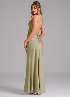 Azazie Evadne Bridesmaid Dresses Moss Green A-Line Pleated Stretch Satin Dress image5