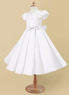 Azazie Jewel Flower Girl Dresses White Ball-Gown Pleated Matte Satin Dress image6