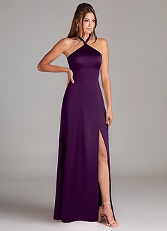 Azazie Elliana Bridesmaid Dresses Grape A-Line Side Slit Stretch Satin Dress image3