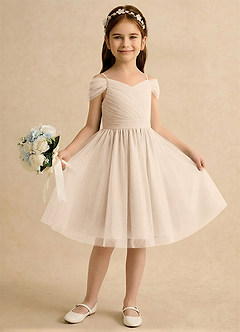 Azazie Lila Girls Formal Robe Demoiselle D'honneur Fillette Robe Trapèze en Tulle Épaule décolletée Albâtre Blanc image4
