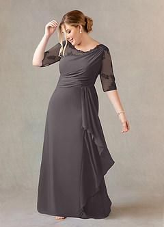 Azazie Dionysus Mother of the Bride Dresses Steel Grey A-Line Boatneck Lace Chiffon Dress image8