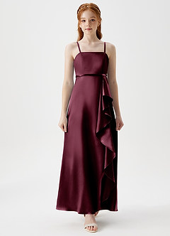 Azazie Kaylee Junior Robe Trapèze en Satiné métallisé avec ceinture Cabernet image4