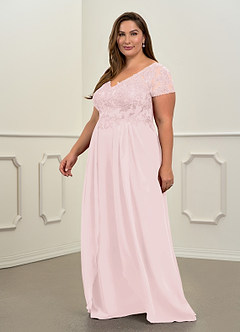 Azazie Dunja Mother of the Bride Dresses Blushing Pink A-Line V-Neck Lace Chiffon Dress image10