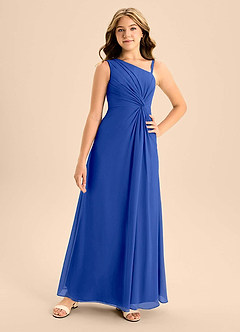 Azazie Brooke Junior Vestido de Azul Real de Gasa de Corte en A con Corte Lateral image4