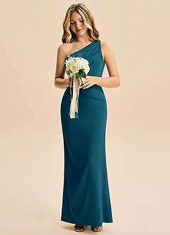 Azazie Akilah Junior Robe Fourreau en Satin extensible Plissée Bleu Encre image4