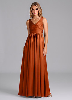 Azazie Keyla Bridesmaid Dresses Burnt Orange A-Line Pleated Stretch Satin Dress image1