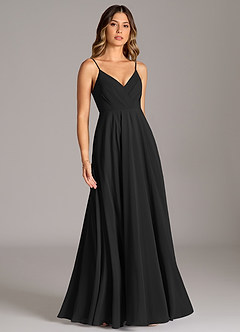 Azazie Amani At-home Try On Dresses Black A-Line Pleated Chiffon Dress image5