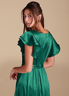 Azazie Daphne Vestidos modestos de dama de honra Vestir Linha A Ruched Comprimento do chão Cetim Metálico image6
