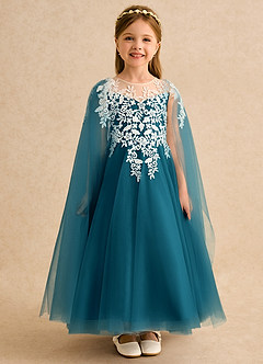 Azazie Dandelion Flower Girl Dresses Ink Blue Ball-Gown Lace Dress image3