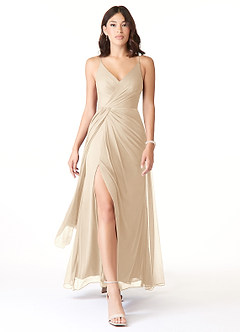 Azazie Evalin Bridesmaid Dresses Champagne A-Line V-Neck Pleated Mesh Dress image1