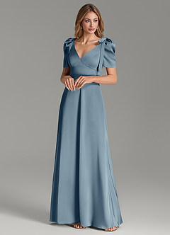 Azazie Asher Robes de demoiselle d'honneur Robe Trapèze en Satin extensible Avec poches Bleu Poussiéreux image4