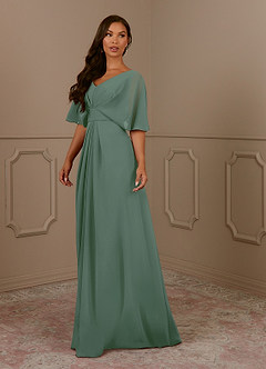 Azazie Oksana Mother of the Bride Dresses Eucalyptus A-Line V-Neck Pleated Chiffon Dress image1