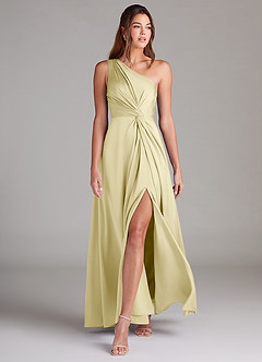 Azazie Brooke Bridesmaid Dresses Lemon Sorbet A-Line One Shoulder Stretch Satin Dress image3