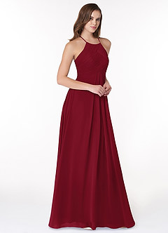 Azazie Ginger Vestidos de damas de honor Vestido de Borgoña de Gasa de Corte en A con Halter Plisado image1