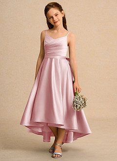 Azazie Sweets Girls Formal Final Sale Dusty Rose A-Line Pleated Matte Satin Dress image3