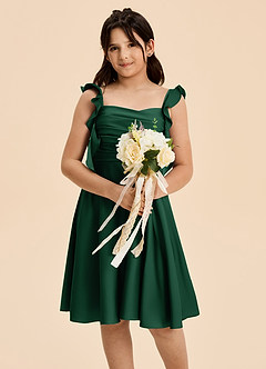 Azazie Kira Junior Vestido Verde Oscuro de Satén Elástico de Corte en A con Drapeado image6