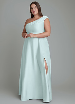 Azazie Melanie Bridesmaid Dresses Sea Glass A-Line Off the Shoulder Stretch Satin Dress image7