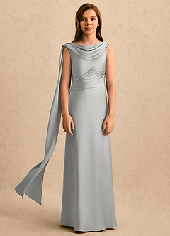 Azazie Sanah Girls Formal Robe Demoiselle D'honneur Fillette Robe Trapèze en Satin extensible Plissée Argent image4