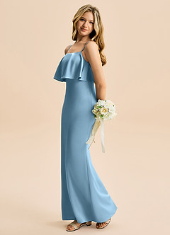 Azazie Galene Junior Steel Blue Mermaid Stretch Satin Dress image1