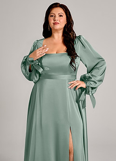 Azazie Leonia Jurken voor bruidsmeisjes Jurk van Stretch Satijn met A-Lijn Lange mouw Zilveren Salie image9