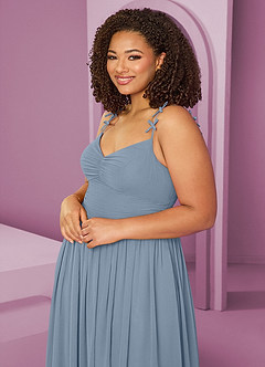 Barbie ♥ Azazie Jurken voor bruidsmeisjes Jurk van Chiffon met A-Lijn Geplooid Stoffig Blauw image7