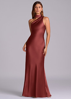 Azazie Seona Vestidos de madrinha de casamento Vestido Terracota de Cetim elástico de sereia com Ombro Único image1