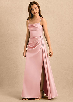 Azazie Shyla Girls Formal Flower Girl Dresses Powder Pink Sheath Pleated Stretch Satin Dress image1