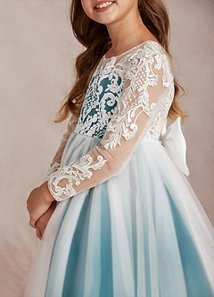 Azazie Elodie Flower Girl Dresses Ivory Ink Blue Ball-Gown Lace Dress image7