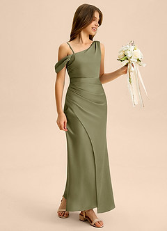 Azazie Madelyn Junior Osłona Zza ramienia Satyna elastyczna Długość podłogi Młodsza druhna Sukienka image6