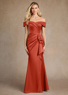 Azazie Laredo Mother of the Bride Dresses Rust Mermaid Off the Shoulder Stretch Satin Dress image1