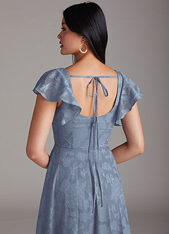 Azazie Bondi Bridesmaid Dresses Dusty Blue A-Line Ruched Floral Burnout Dress image2