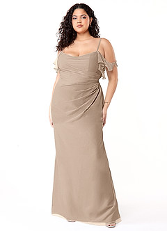 Azazie Emeralda Bridesmaid Dresses Taupe Sheath Off the Shoulder Chiffon Dress image7
