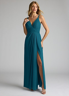 Azazie Maren Allure Brautjungfernkleider A-Linie V-Hals Spitze Chiffon Kleid Tintenblau image1