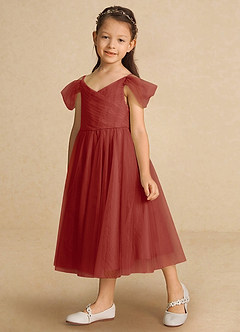 Azazie Lizzette Robe Demoiselle D'honneur Fillette Robe Trapèze en Tulle Rayé Terracotta image5