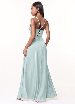 Azazie Maksim Bridesmaid Dresses Mist A-Line V-Neck Stretch Satin Dress image2