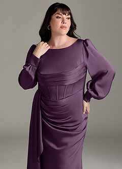 Azazie Raye Bridesmaid Dresses Plum Mermaid Long Sleeve Stretch Satin Dress image11
