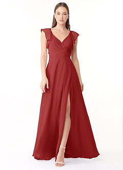 Azazie Yoko Robes de demoiselle d'honneur Robe Trapèze en Mousseline de soie Rayé Rouille image1