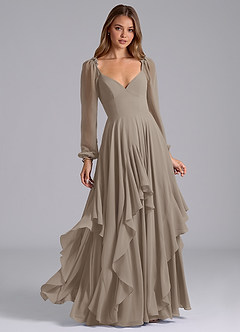 Azazie Karan Abiti da Damigella Abito A-Line in Chiffon Manica Lunga Taupe image1