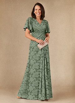 Azazie Emmeline Vestidos para mãe da noiva Vestir Matchá de Esgotamento Floral de Linha A com Plissado image1