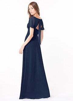 Azazie Kimber Robes de demoiselle d'honneur Robe Trapèze en Mousseline de soie Manches à volants Bleu Marine Foncé image3