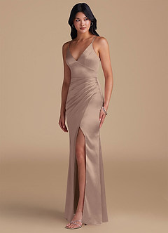 Azazie Shania Bridesmaid Dresses Taupe Sheath Pleated Metallic Satin Dress image6
