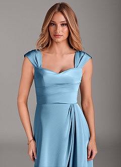 Azazie Laila Bridesmaid Dresses Steel Blue A-Line Pleated Stretch Satin Dress image5