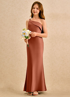 Azazie Almond Girls Formal Robe Demoiselle D'honneur Fillette Robe Fourreau en Satin extensible Une épaule Rose De Cèdre image3
