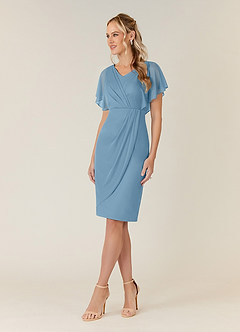 Azazie Waverly Mother of the Bride Dresses Steel Blue Sheath Pleated Mesh Dress image3